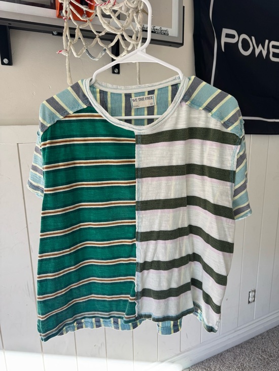 We The Free Tops - We The Free Green, White & Olive Striped Patchwork Tee